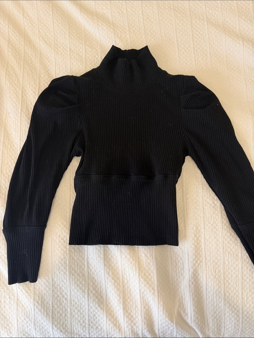 Free People Black Ribbed Puff-Sleeve Mock Neck Top